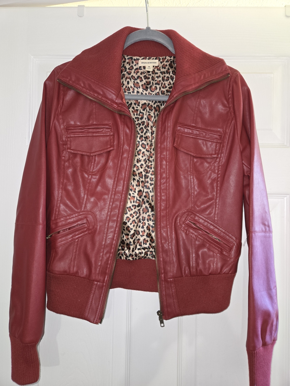 Zenana Outfitters Cherry Red Faux Leather Bomber Jacket with Leopard Lining